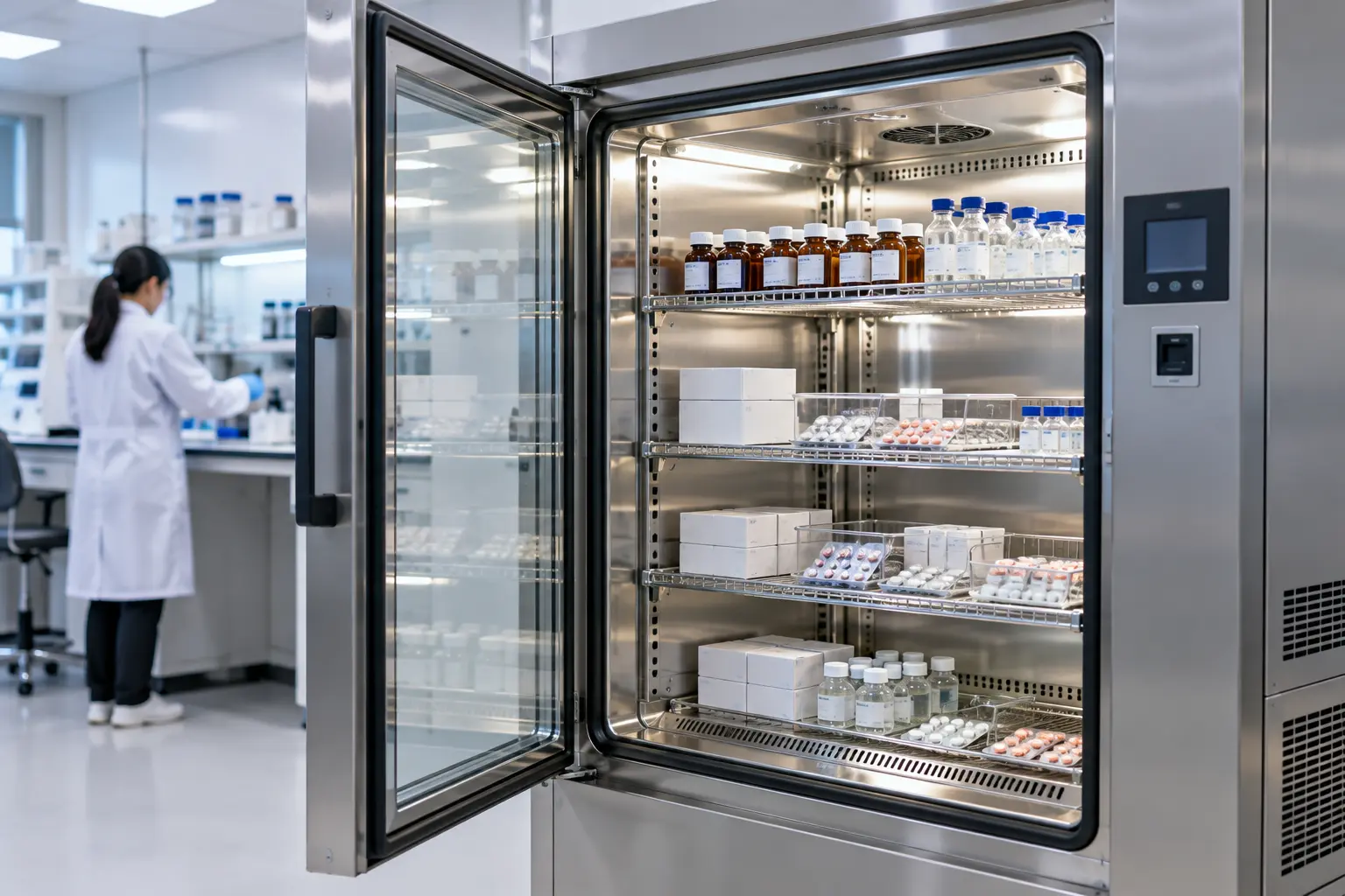 Pharmaceutical stability chamber with sample shelves