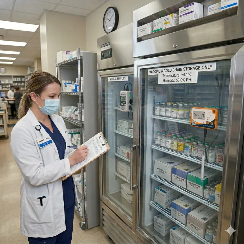 Pharmacist checking a vaccine fridge fitted with a Mindlabs Anchor real-time logger