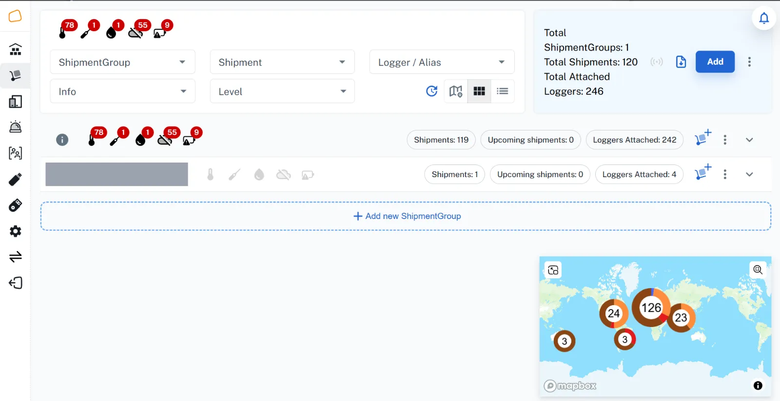 Mindlabs dashboard tracking temperature and location of TGF pharma export shipments