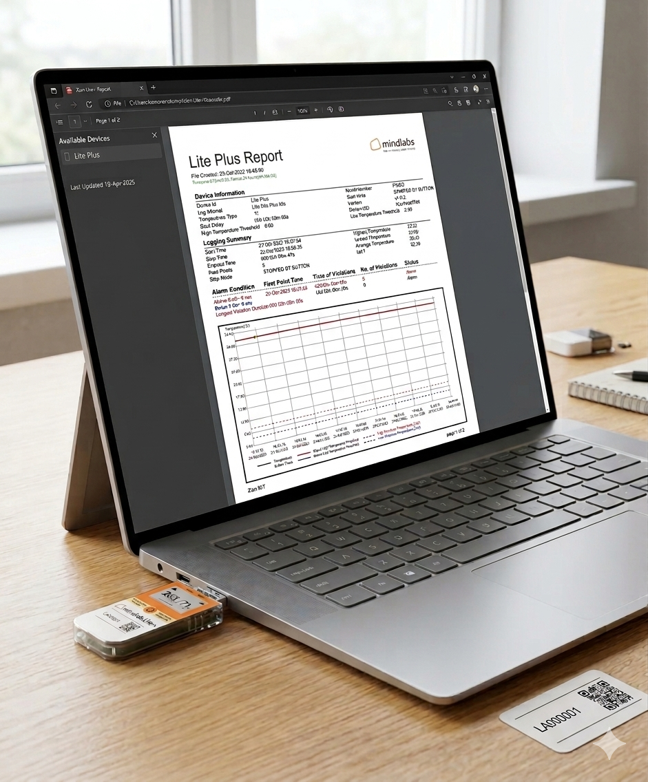 Automatic PDF temperature report from a single-use data logger, shown on a laptop
