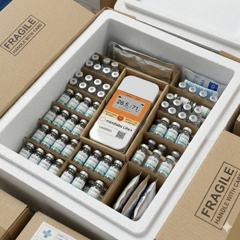 Vials packed in an insulated shipper with a single-use temperature data logger placed among the product